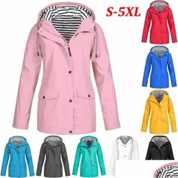 Jackets femininas Moda de chuva à prova de vento mulheres Mulheres de manga comprida Capuz Rain sólido Capinho de chuva à prova d'água para entrega Droga Drop Dh2it