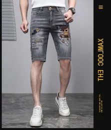 Ретро в стиле вышитых значков, джинсовые шорты, модные и модные модные бренды Slim Fit Elastic Capris, Мужские летние шорты