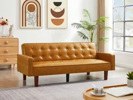 Zk20 Brown convertibile marrone doppia pieghevole soggiorno divano in pelle PU, pulsante trapuntato piedi rimovibili in legno
