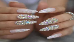 Wunderschöne Luxuspresse auf Nägeln extra langes leichter Marmor Bunte Kristall Faux Ongles mit großen Rhistones AB Perfect Party6860161