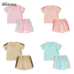 Clothing Sets Blotona Kids Summer Outfit Contrast Color Short Sleeve Crew Neck T-shirt With Elastic Waist Shorts Set 1-5Years