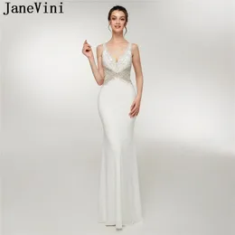 Vestidos de festa Janevini Luxury Crystal Sereia Branca Vestido de noite 2024 Sexy Deep V pescoço de pescoço sem costas cetim Long Abito Lungo