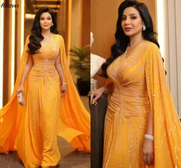 Dubai Arabic Yellow Sequined Kaftan Prom Dresses Charming V Neck With Long Wrap Women Formal Party Gowns Sweep Train Second Reception Celebrity Evening Wear CL3562