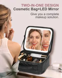 Resmakeupväska med lättare spegel, med 2x3x förstoringsspegel och justerbara partitioner, bärbar makeup förvaringslåda med 3 färgljus för kosmetika