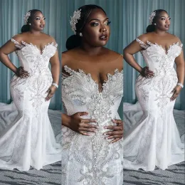 Abiti 2024 Luxury Arabic Mermaid Wedding Dresses Illusione Appliques Full Loce Appliques Silver Crystal Perline Maniche Cappelle Capella Formale Bri