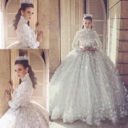 Abiti abiti da sposa in cristallo di lusso abiti da sposa da sposa 3D a maniche lunghe con pizzo floreale 3D