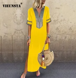 Vieunsta Kadınlar Vintage Baskı Elbise 2019 Seksi Vneck Kısa Kollu Bölünmüş Maxi Elbise Plus Boy Boyut Gündelik Yaz Plajı Uzun Elbise Femme T7890796