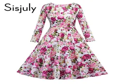 Sisjuly abito vintage retrò stampato floreale rosa verde retrò negli anni '50 elegante o da festa del collo abiti a maniche lunghe autunnali1771191
