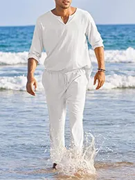 Повседневное хлопковое льняное набор для мужчин для Mens Fashion Loak V-образные топы с длинными рукавами и брюки для Mens Beach Style Summer Clothing 240430