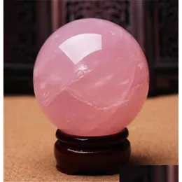 Искусство и ремесла Rockcloud Healing Crystal Natural Pink Rose Quartz Gemstone Davination Sphere Decorative с деревянными ремеслами 84 Dhgkd