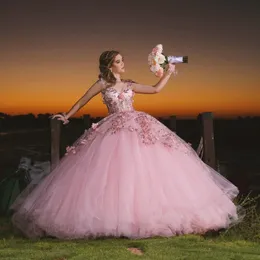 Pluffy Pink 3D Flowers Quinceanera Dresses Short Sleeves Floral Sequins Corset Princess Birthday Prom Ball Gown Sweet 16 Dress Vestido De VX Anos 2024