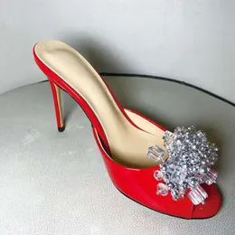 Ladies 2024 women Genuine real leather syiletto high heels summer sandals bead 3D flower Flip-flops slipper slip-on wedding dress party shoes diamond 34-43 3 6a46