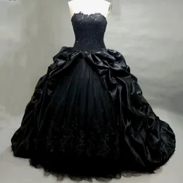 Bollklänning Princess Gothic Black Wedding Dresses Sweetheart Beaded Applices Tafta Bridal Dress Robe de Mariee Manche Longue 2807