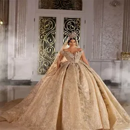 2022 Shinny Ball Gown Wedding Dresses Champagne Off Should Luxury Crystal Beaded Saudi Arabian Dubai Bridal Gown Plus Size 177j
