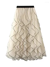 Röcke 2024 Trendy Ruffle Tüllrock Frauen Elastizität Hochtütiges Mesh weiblich Grüne Beige lässig Midi Long Plisse Tutu Lady