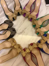 Damer 2021 kvinnor äkta läder strass 8 cm höga klackar sandaler sommar flip-flops tofflor slip-on bröllopsklänning gladiator skor diamant omröstningar 3d bowtie c474