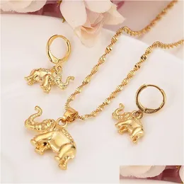 Earrings Necklace 24 K Solid Fine Gold Gf Cute Elephant Trendy Women Men Jewelry Charm Pendant Chain Animal Lucky Sets Drop Delivery Otxhh