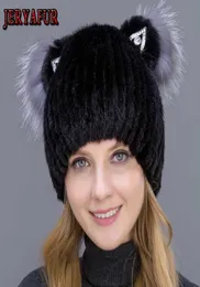 Jeryafur prawdziwy kapelusz dla kobiet zimowy kapelusz z pionowymi tkającymi słodkie czapki z kotami i fur4528072
