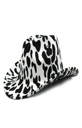 Wide Brim Western Cowboy Cowgirl Hat Cow Printed Men Women Wool Felt Fedora Hats Leather Belt Band Black and White Dots Panama Cap4802199