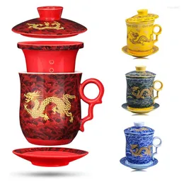 أكواب النمط التنين الصيني نمط الشاي مع مصفاة Infuser و Saucer Saucer Ceramic Tea Mug كوب خزفي مريح الخزف