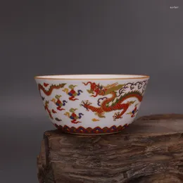 Dekorativa figurer kinesiska ming chenghua vit emalj porslin drake mönster tecup kopp 3,4 tum