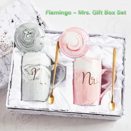 Mugs FSILE Marble Pattern Cup Gold Rim Mug Gift Box Set Coffee Couple Women Flamingo Ceramic With Hand Ceremony