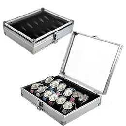 Användbar aluminiumklockor Box 12 GRID Slots smycken Watches Display förvaringslåda fyrkantig mocka inuti rektangelklocka hållare 240518