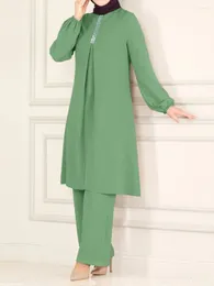Roupas étnicas abaya mulher muçulmana vestido de cor sólida camisa elegante de mangas compridas calças largas de perna largo define uma oração vintage fina feminina roupas femininas