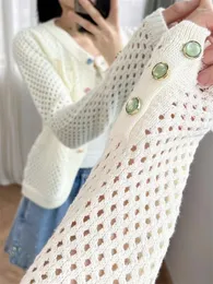 Women's Knits Cotton Cardigan Women "Hollow Art" 2024 Hollow Arc Dopamine Candy Button Round Neck Knitted