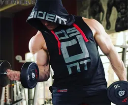 YEMEKE Cotton Tank Tops Hoodie Fitness Mens Bodybuilding Workout Tee Size fit Muscle Male Activewear Red black white5955841