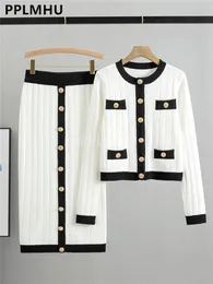 Saias de malha vintage coreanas conjuntos mulheres slim o-pescoço de suéter curto cardigan de 2 peças de 2 peças de botão chique Malhas Faldas Conjunto 240518