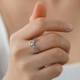 Crescent Moon Lotus Star Ring for Women Vintage Aço inoxidável Anéis de dedo novo em Fashion Birthday Jewelry Gifts