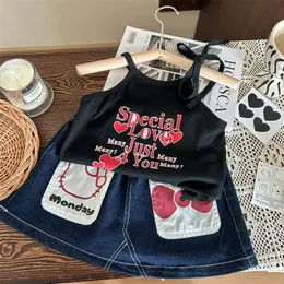 أزياء الأطفال الكرتون المطبوعة DENIM SKIRT INS GIRPS POCTING مرنة الخصر كاوبوي التنانير الأزياء أطفال الحب قلب تانك قمم السترة S1388