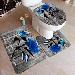 Maty do kąpieli turkusowa mata róża niebieska kwiat motyl butowy szara rustykalna drewniana deska kreatywna retro w łazience wystrój toaletowy zestaw dywan podłogowych