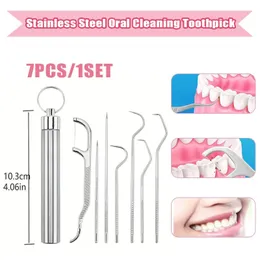 2024 7pcs/conjunto de aço inoxidável Picto de dente lixo de dente lixo de dente reutiliza palito de dente portátil de dente portátil limpador de dentes de limpeza oral de dente