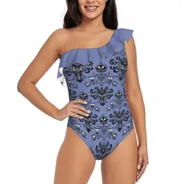 Women's Swimwear Haunted Mansion Wallpaper Print One Shoulder Ruffle Swimsuit Piece Women Bathing Suit Monokini
