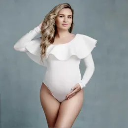 Annelik üstleri tees eğimli omuz tam kollu hamile bodysuits fotoğrafçılık için esnek fırfırlı hamilelik fotoğraf çekim yörünge y240518