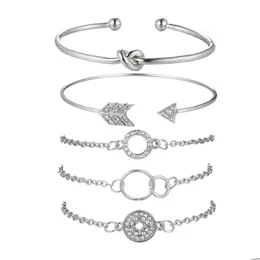 Charm Bracelets 5pcs Einfache Persönlichkeit Zweig Ring Ring Diamond Pfeil Kombination Einstellbarer Manschetten Open Armband Stapel Wrap Set Womens Dhgrj