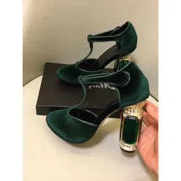 Frauen Damen 2021 echte echte Leder -Kleiderschuhe Strass Rassonstone Chuckly High Heels Sandalen Sommerrunde Zehen Hochzeitsfeier sexy Schnalle Gurt Solid Mary Jane T Tie 9cfd