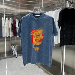 24SS Paris Mektup Dragon Baskı Turşu Yıkalı Vintage Tee Tasarımcı Grafik T-Shirt İlkbahar Yaz Günlük Moda Kaykay Erkek Kadın Tshirt 0518