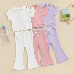Clothing Sets AXYRXWR Summer Toddler Kids Baby Girls Clothes Solid Ribbed Loose Short Sleeve Button T-shirts Flare Pants Soft Outfits