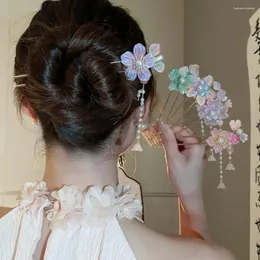 Saç klipsleri tatlı çiçekler inci püskül saç tokası moda el yapımı antik stil çubuğu neo-chinese zarif çiçek headdress kadın