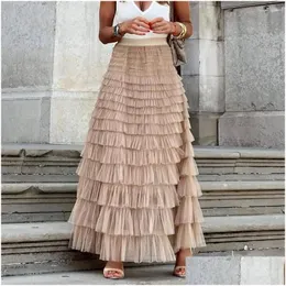 Skirts High-Waist Elastic Waist Maxi Skirt A-Line Ankle Length Loose Elegant Long Solid Color Cake Party Streetwear Drop Delivery Ap Dh6Ib