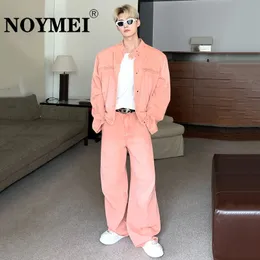 NOYMEI Denin Two Piece Set Mens Trend Shoulder Pad Denim Jacket Elgance Made Washed Casual Pink Suit Loose Straight Jean WA2736 240507