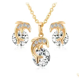 Kolczyki Naszyjnik Złota Zestaw biżuterii Modna Dolphin Wisiant Charms Cubic Zircon Cyrronia Diamond Cold For Women Girls Dhfuy