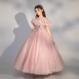 2024 Kids Formal Wear Elegant Birthday Dress Off Shoulder Princess Ball Gown Flower Girl Dresses For Wedding Tutu Söt prinsessan Kids klänning Pink Pequined Pageant -klänningar