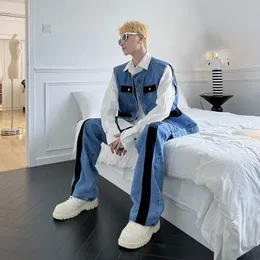 eoenkky/ mensセットカーゴデニム2ピース衣装男性パッチウェアジーンズパンツベストノースリーブカジュアル韓国ストリートウェアヒップホップ240507