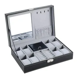 Lnofxas Watch Box 8 Jewelry Box Watch Display Case Organizer Jewelry Trey Storage Box Black PU Leather with Mirror and Lock 240518