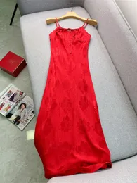 2024 Verão vermelho floral estampa de rosa fita vestido de laço de laço de espaguete de decote de decote de decote backless midi casual m4w171750