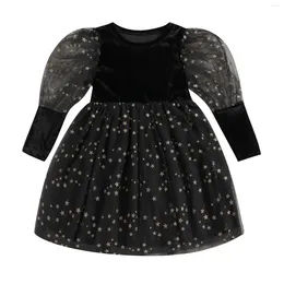 Sukienki dla dziewczynek pudcoco dzieciak patchworkowy sukienka siatkowa czysta długie rękaw okrągła gwiazda gwiazda A-line na wiosnę/jesień 4-7T